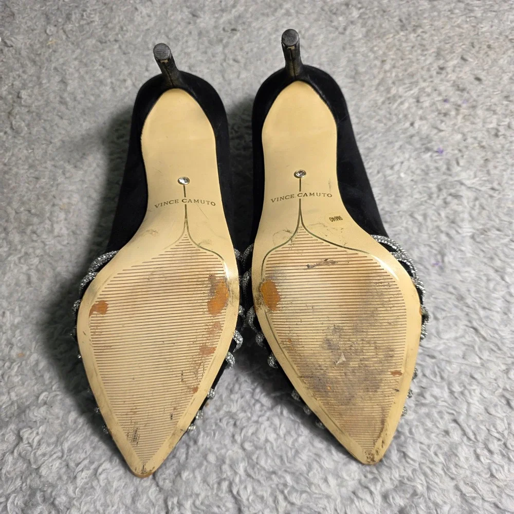 Vince Camuto Pumps Black Suede‎ Rhinestone Bow Pointed Toe Womens 9M